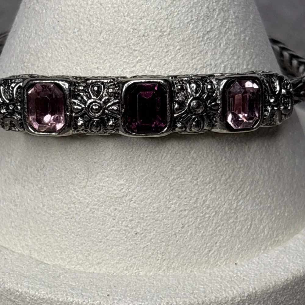 Purple Glass Stone Bracelet Silver Tone Bali Style Magnetic Clasp 7.5